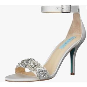 Embellished White Satin Ankle-Strap Heels